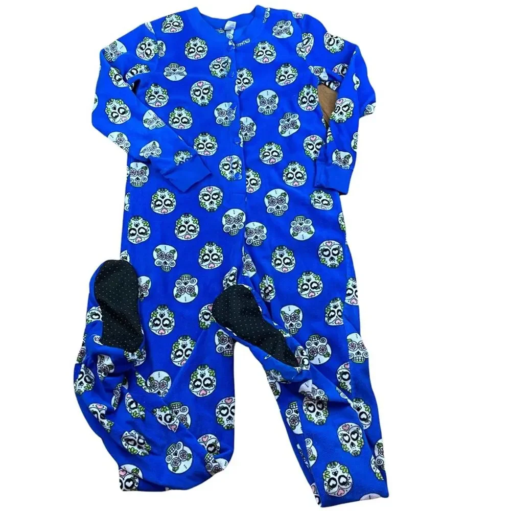 Sugar Skulls Footed Pajamas Sz M Blue White